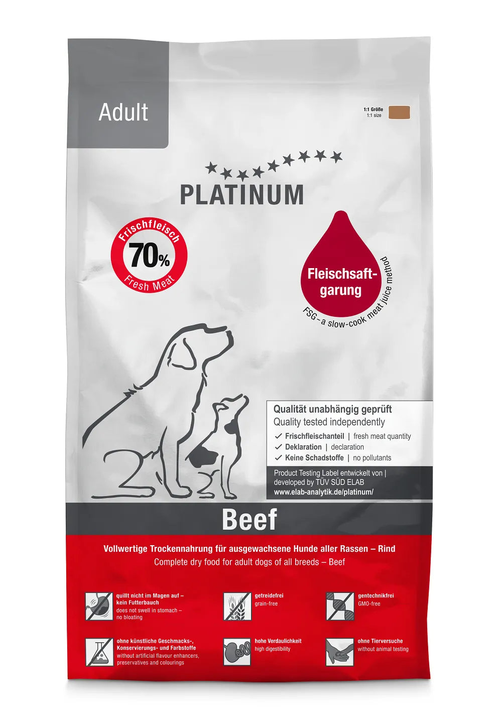 Platinum Pilnvērtīga sausā barība ar liellopu un kartupeļiem pieaugušiem suņiem 5kg
