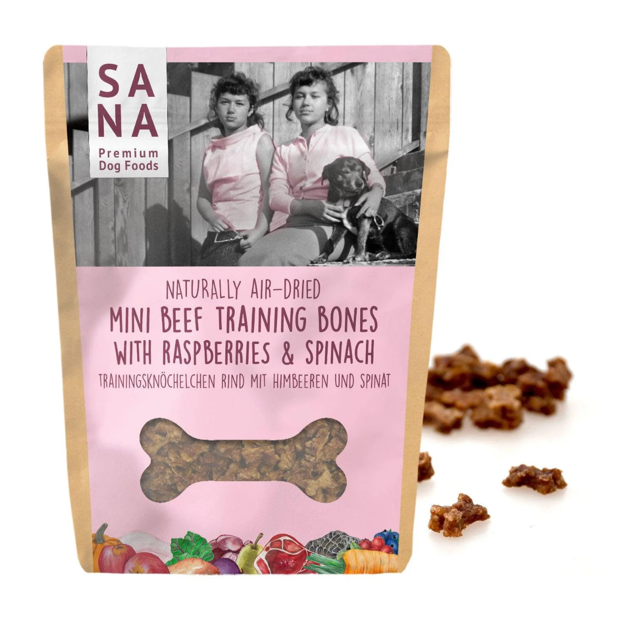 SANADOG Mini liellopa gaļas treniņu kauliņi ar avenēm un spinātiem (100g)