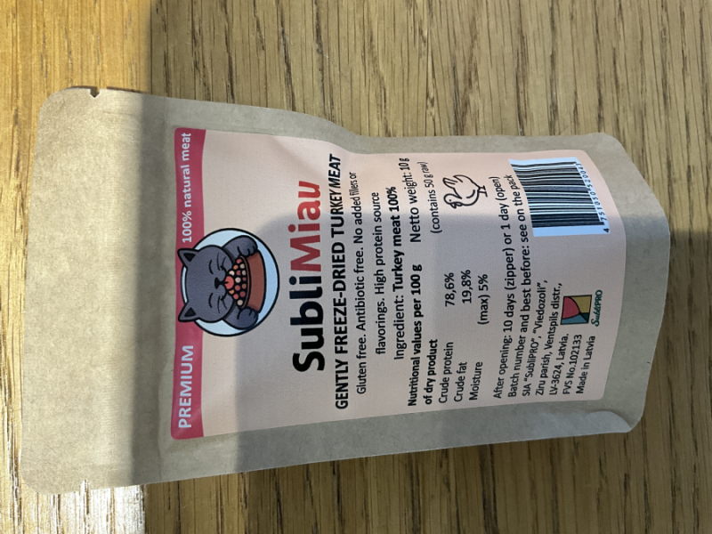 SubliMiau saudzīgi liofilizēta tītara gaļa 10g