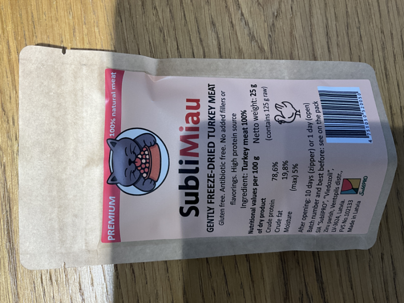 SubliMiau saudzīgi liofilizēta tītara gaļa 25g.