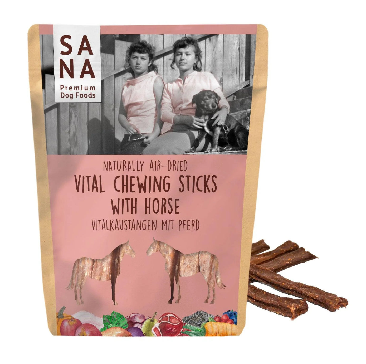 SANADOG Vital košļājamās nūjiņas ar liellopu gaļu, zirgu gaļu, bumbieriem un linsēklu eļļu (150g)