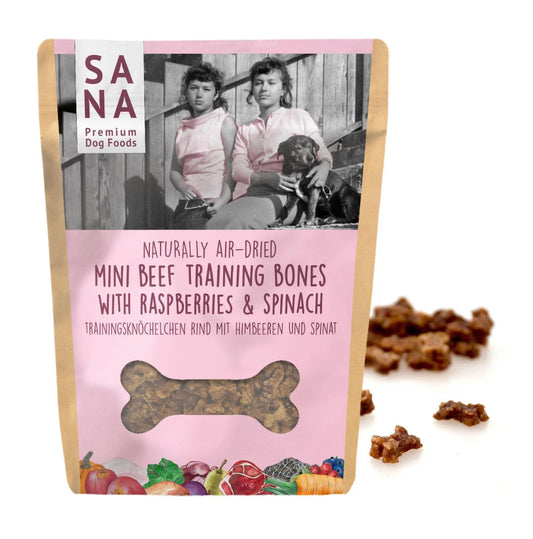 SANADOG Mini liellopa gaļas treniņu kauliņi ar avenēm un spinātiem (100g)